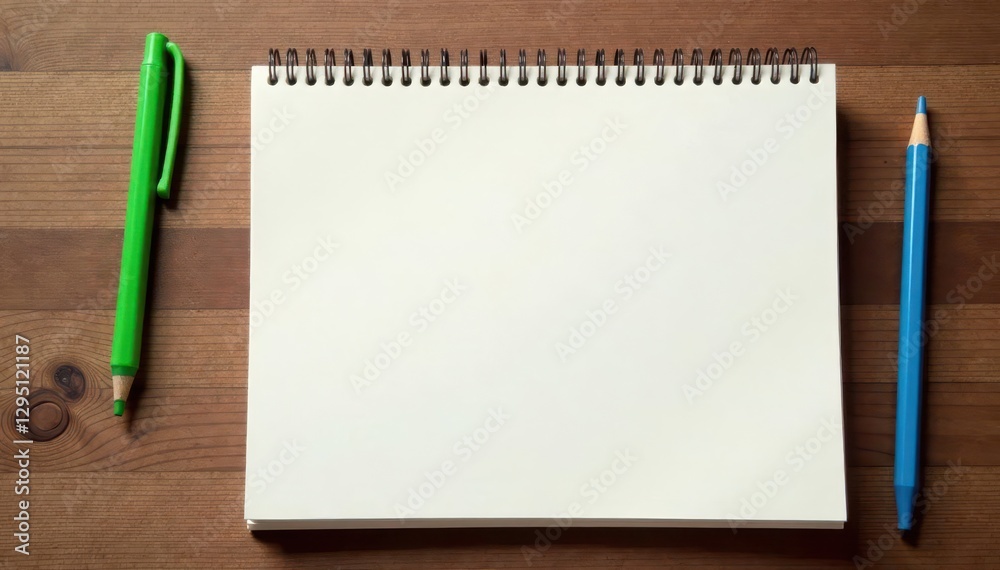 Blank spiral notepad lies flat on wood grain surface, advertising, branding, mockup Blank spiral notepad lies flat on wood grain surface, advertising, branding, mockup