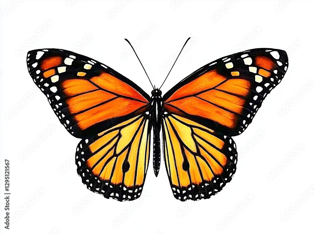 Fototapeta premium A Stunning Monarch Butterfly Spreading Its Wings Against a White Background with Vibrant Orange and Black Patterns 