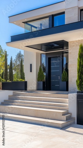 Luxurious modern home entrance blending elegance with nature  showcasing timeless architectural beauty. 