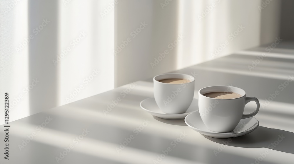 Two cups of coffee placed elegantly on a pristine white table, showcasing a cozy and inviting atmosphere perfect for relaxation or conversation. Two cups of coffee placed elegantly on a pristine white table, showcasing a cozy and inviting atmosphere perfect for relaxation or conversation.