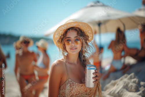 woman holding aluminum can with condensation droplet. Energy Drink for Sport. woman with Can in Hands. Ai