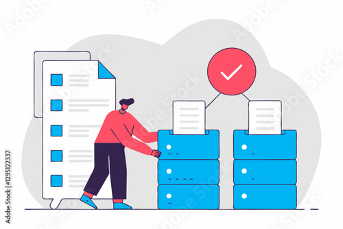 A modern, minimalist illustration of a person managing data storage and digital files, symbolizing cloud computing, data organization, and secure information management.
