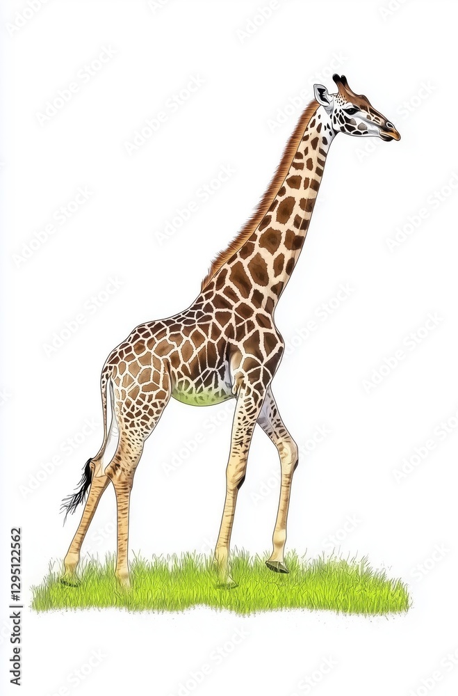 Naklejka premium A Majestic Giraffe Gracefully Walking Through Lush Green Grass Under Radiant Sunshine 