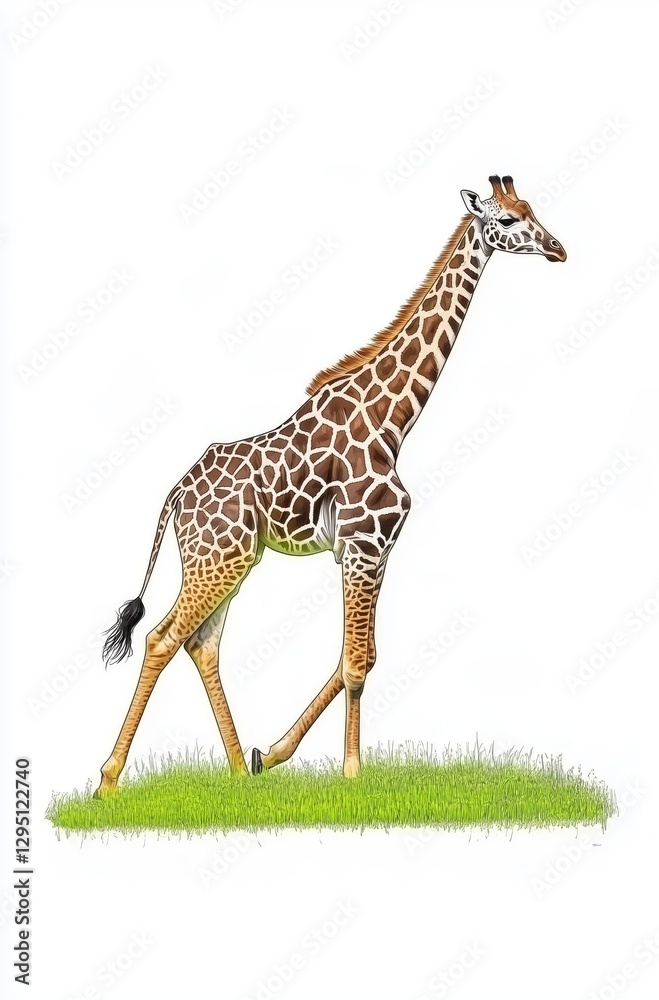 Obraz premium A Majestic Giraffe Gracefully Walking Through Vibrant Green Grass Under Clear Blue Sky 