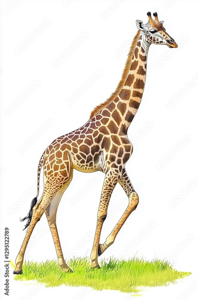 Fototapeta premium A Majestic Giraffe Striding Gracefully Through Lush Green Grass in Bright Sunshine
