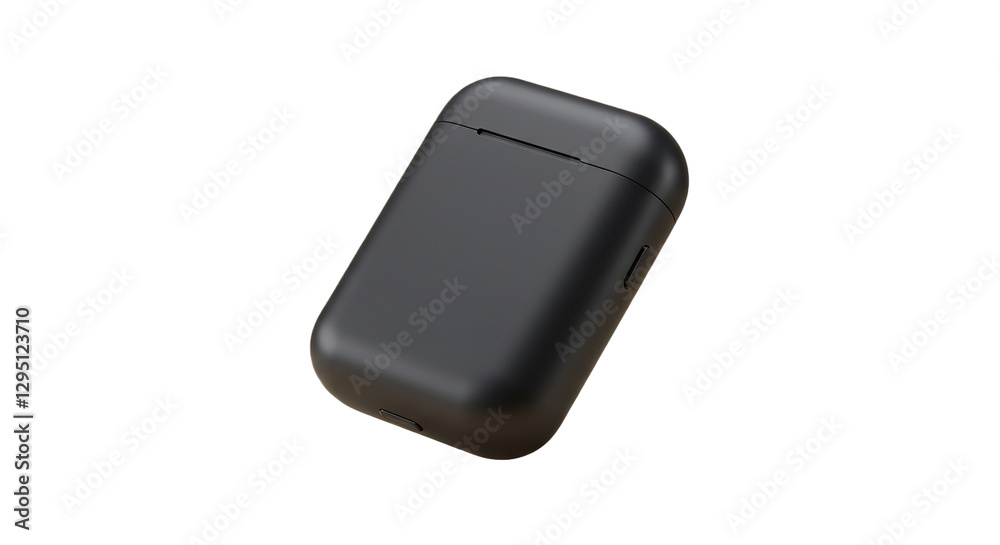 A studio shot of a sleek, black matte-finish Bluetooth earphone case with a smooth rounded design, floating slightly above the surface, perfectly centered, isolated on a solid neutral background A studio shot of a sleek, black matte-finish Bluetooth earphone case with a smooth rounded design, floating slightly above the surface, perfectly centered, isolated on a solid neutral background