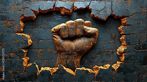 Powerful Fist Breaking Through a Brick Wall Symbol of Strength, Revolution, and Resistance