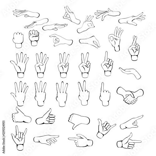 Hands poses. Hand holding and pointing gestures, fingers crossed, fist, peace and thumb up. Sketch out line human palms and wrist vector set. Communication or talking with emoji for messengers