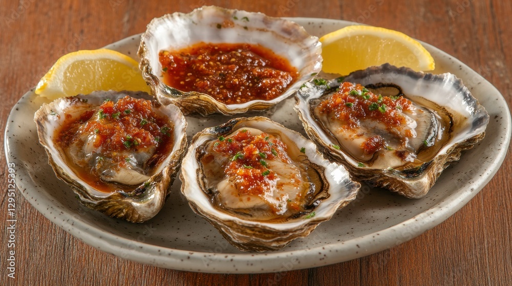 Delicious Oysters Served with Hot Sauce and Lemon Wedges