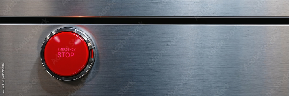 Fototapeta premium Red Emergency Stop Button on Brushed Steel Industrial Control Panel, Safety Equipment Close-up Panoramic View