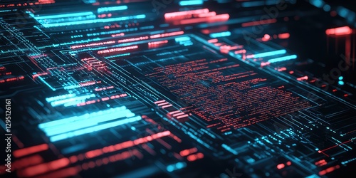 A close-up of an AI algorithm generating a thesis paper on a futuristic computer screen.