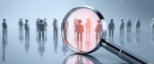 Magnifying Glass Examining People Figures for HR Recruitment, employee search, talent acquisition, team building and human resources concepts.