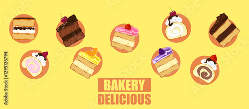 Vector illustration set of different flavors of cute style cake slices. Flat design, isolated on white. Vector illustration of bakery, birthday cake, party, celebration, festival, happy for greeting.