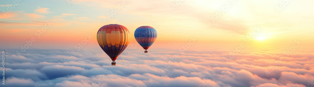 Obraz premium Two colorful hot air balloons soaring above fluffy clouds at sunset.