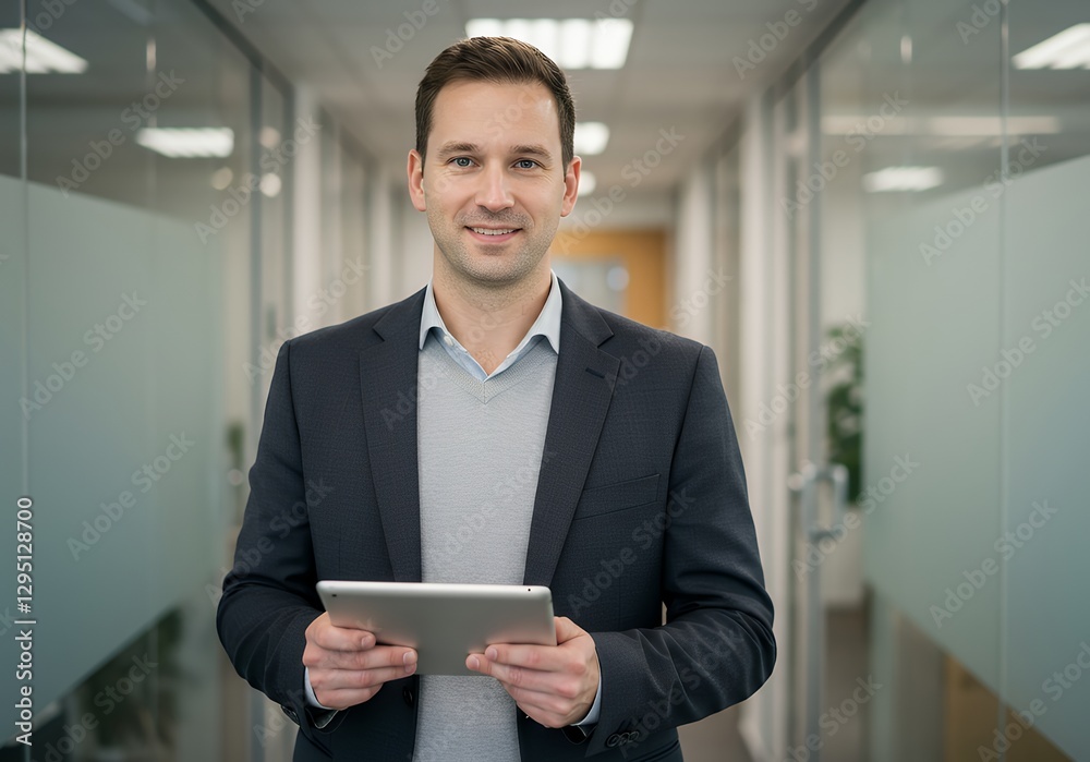Man Holding Tablet Smiling in Modern Office Hallway Environment Man Holding Tablet Smiling in Modern Office Hallway Environment
