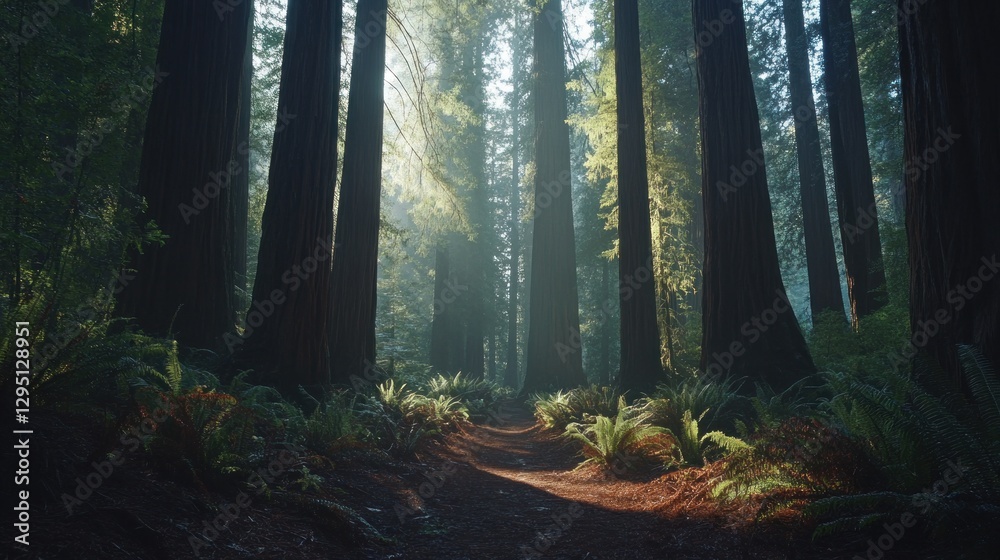Fototapeta premium Sunlight Through Redwood Forest Trail