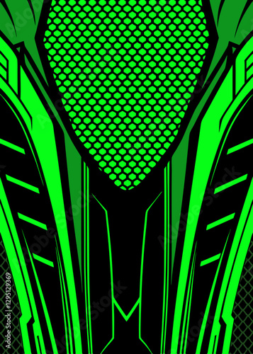 Abstract futuristic design with a glowing green pattern resembling high-tech armor, featuring a dynamic geometric structure and intricate grid detailing