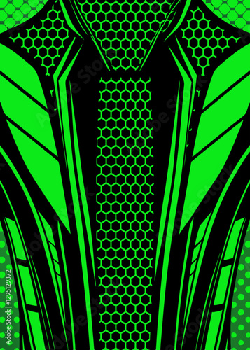 Abstract futuristic design with a glowing green pattern resembling high-tech armor, featuring a dynamic geometric structure and intricate grid detailing