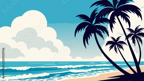 Tropical beach scene with palm trees  sandy shores  and clear blue skies with soft clouds  as the ocean waves gently lap against the coast