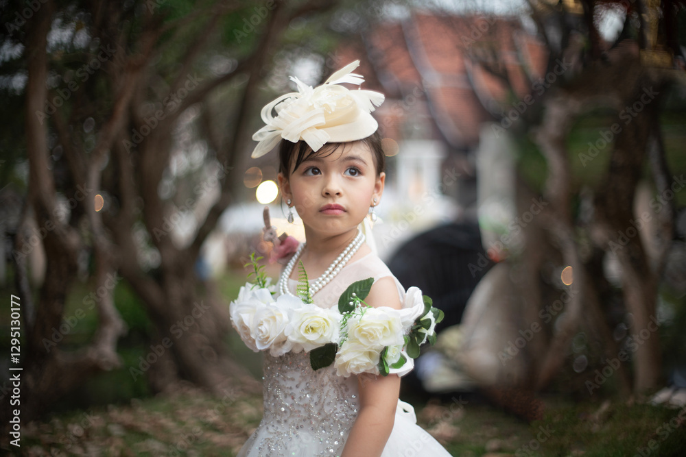 Adorable cute little baby girl wearing vintage clothes in a beautiful place.