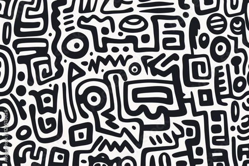 An abstract design filled with intricate black and white shapes, geometric patterns, and flowing lines, creating a visually dynamic and artistic composition