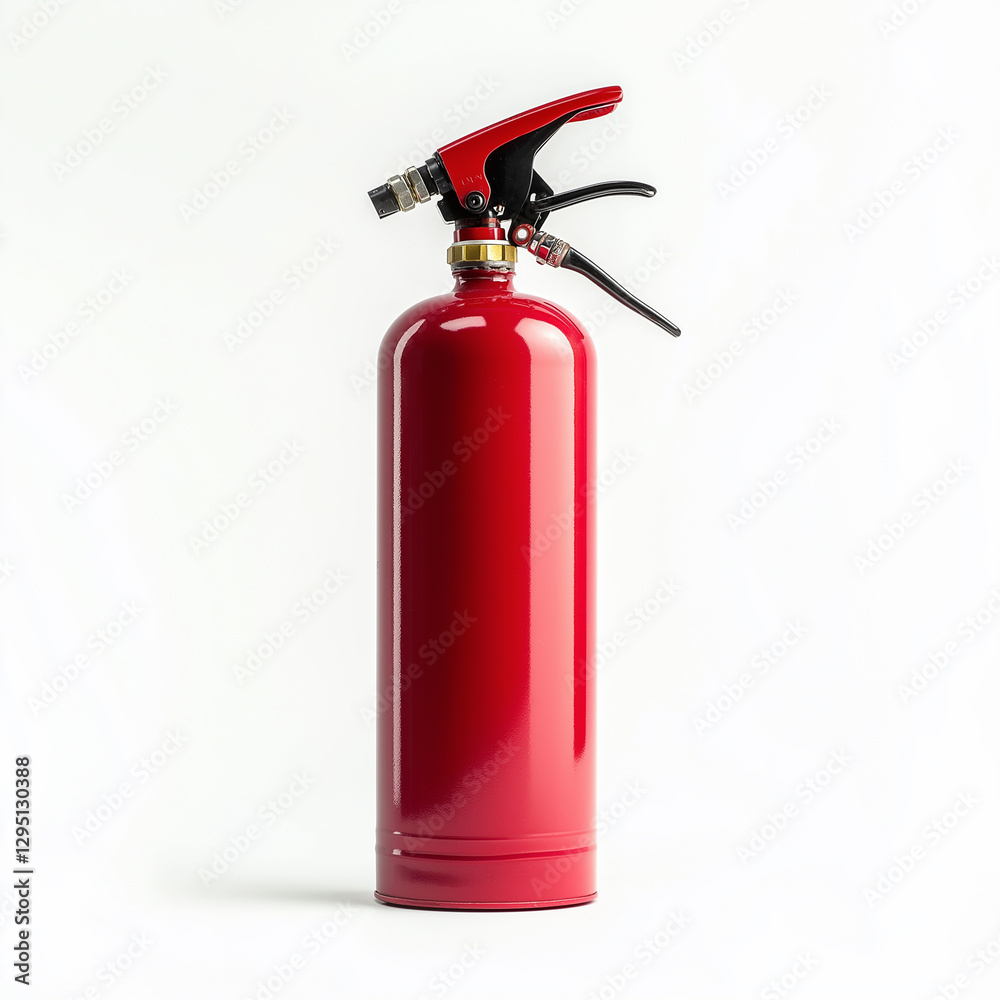 Obraz premium Red fire extinguisher standing on white background ready for use