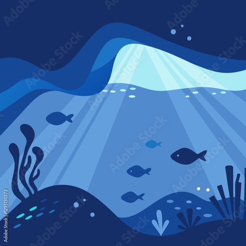 Underwater scene with gentle ocean waves, colorful coral, and playful fish swimming in a peaceful marine habitat