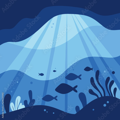 Underwater scene with gentle ocean waves, colorful coral, and playful fish swimming in a peaceful marine habitat