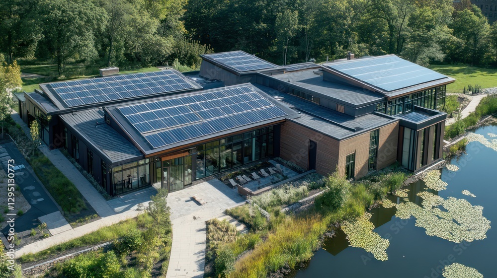 Sustainable building, aerial view, pond, green landscape, eco-friendly design, corporate campus