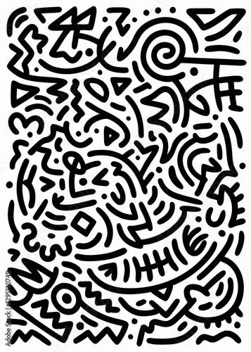 Bold black and white abstract doodles featuring swirling lines, faces, and random geometric shapes, forming an energetic pattern