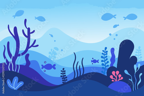 Underwater scene with gentle ocean waves, colorful coral, and playful fish swimming in a peaceful marine habitat