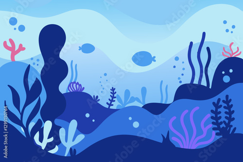 Underwater scene with gentle ocean waves, colorful coral, and playful fish swimming in a peaceful marine habitat