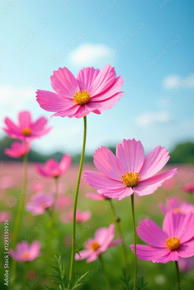 Pink cosmos flowers sway gently in a summer field , autumn, wild, spring Pink cosmos flowers sway gently in a summer field , autumn, wild, spring