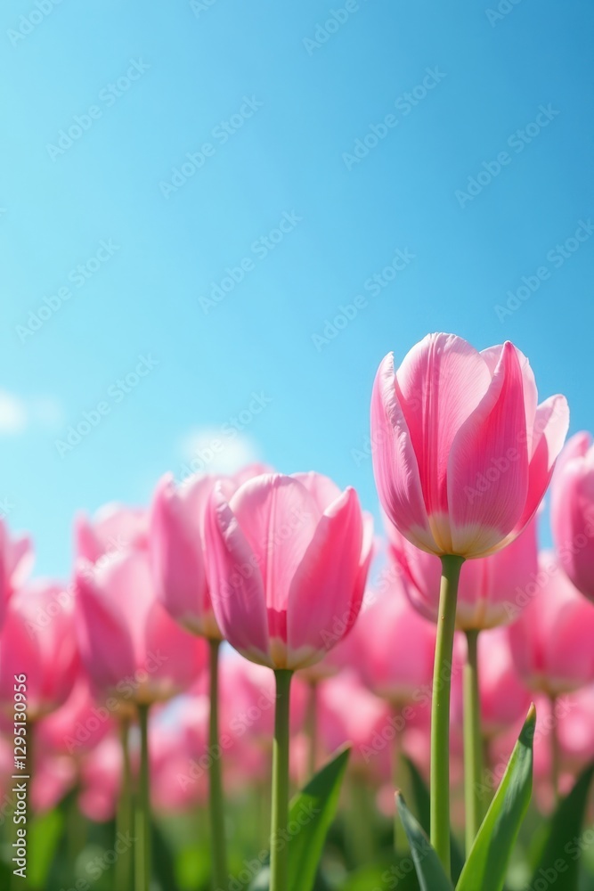 Pink tulip cluster, clear azure sky, bright spring scene, spring, sun, plant Pink tulip cluster, clear azure sky, bright spring scene, spring, sun, plant