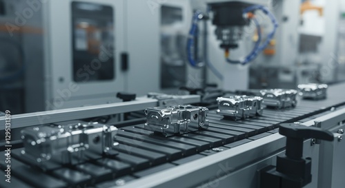 Metal Parts Moving on Automated Conveyor Belt in Manufacturing Facility