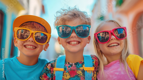Three children sport sunglasses and backpacks while posing joyfully for a cheerful picture in a playful outdoor setting.