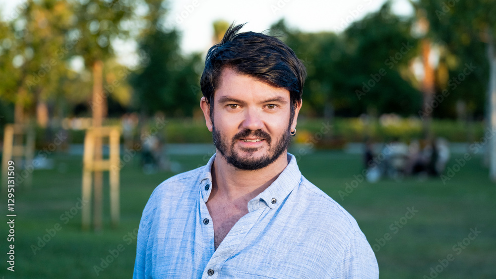 A middle-aged, dark-haired businessman wearing a shirt is smiling at the camera in a sunny, tree-filled park on a summer day A middle-aged, dark-haired businessman wearing a shirt is smiling at the camera in a sunny, tree-filled park on a summer day