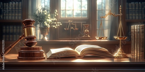 Elegant Law Office Scene with Gavel Scales and Legal Book on Wooden Desk