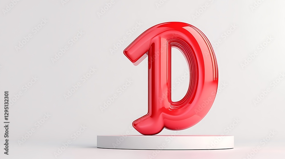 Fototapeta premium Red Glossy 3D Render of the Letter D on a White Platform AI Generated