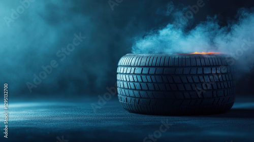 car tire emits smoke from burning rubber, creating dramatic scene. tire is positioned against dark background, enhancing visual impact of smoke and heat