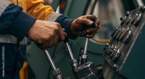 Operating Heavy Machinery Close-up with Oily Hands on Levers and Controls