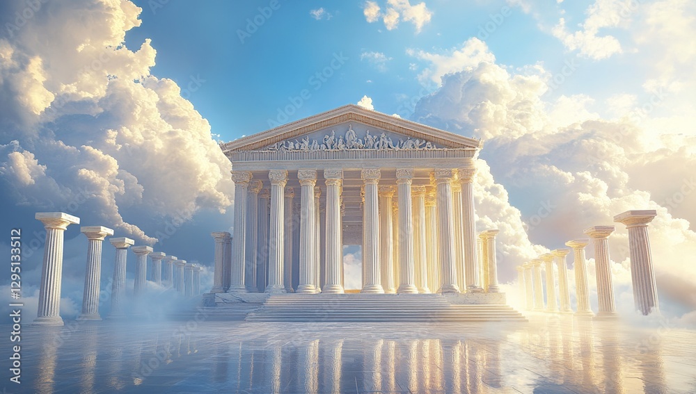 Obraz premium Ancient White Marble Temple Reflecting in Calm Water Under a Cloudy Sky