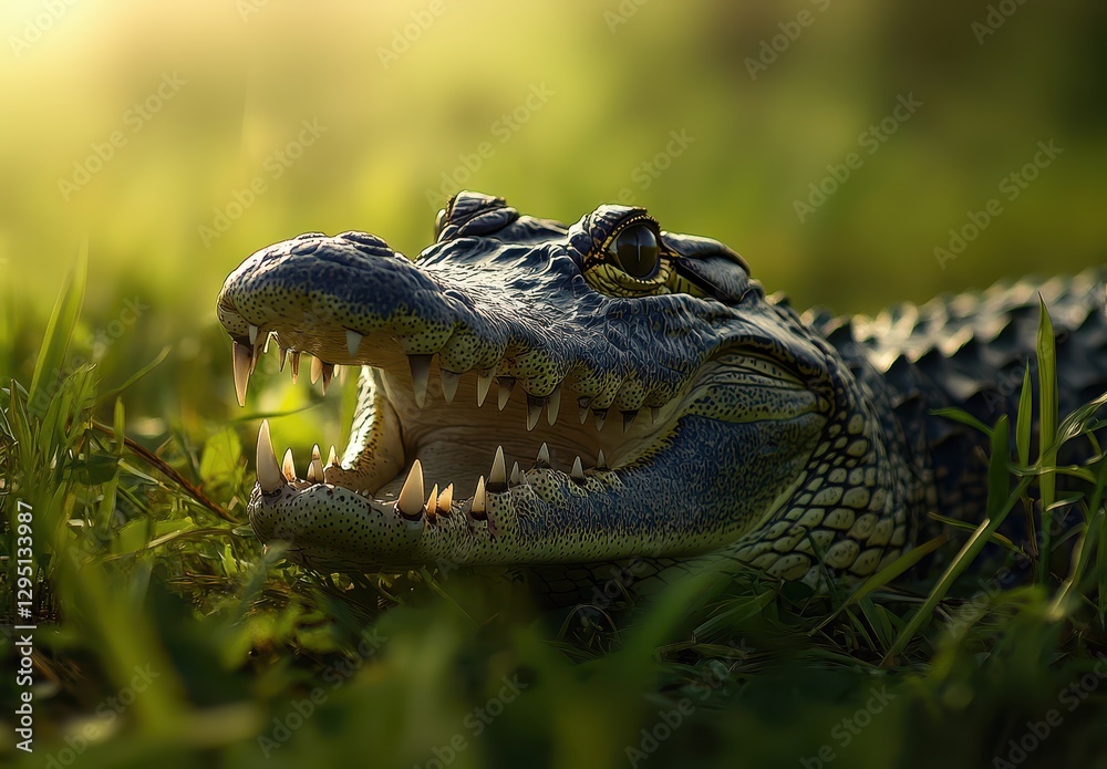 Fototapeta premium Close-up of a Crocodile Lying on the Grass with Open Mouth Showcasing Sharp Teeth in a Natural Environment at Sunset Light