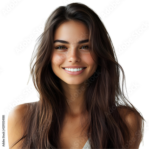 A young european woman with long, sleek, dark brown hair is gently caring for her hair. 