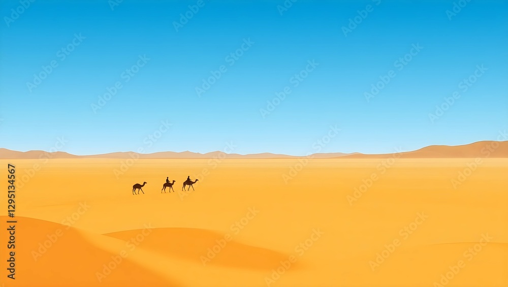 Caravans crossing the vast, golden desert under a vibrant blue sky. Caravans crossing the vast, golden desert under a vibrant blue sky.