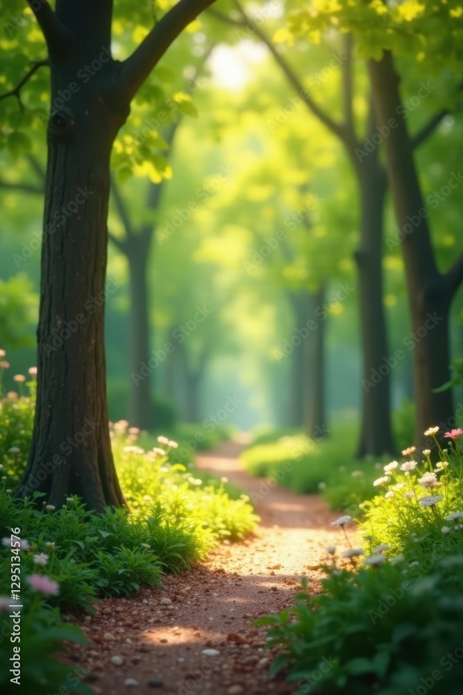 Fototapeta premium Soft-focus garden trees, blurred bokeh background, misty, landscape