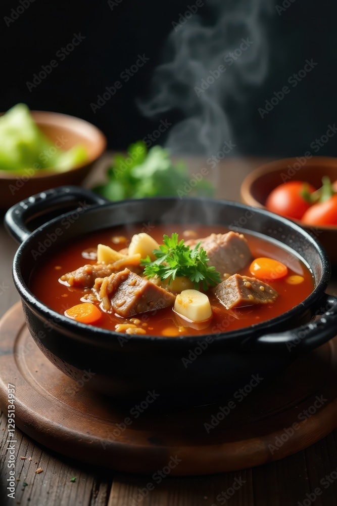 Steaming beef bone marrow soup in hot iron pot , delicious, drink, rich Steaming beef bone marrow soup in hot iron pot , delicious, drink, rich