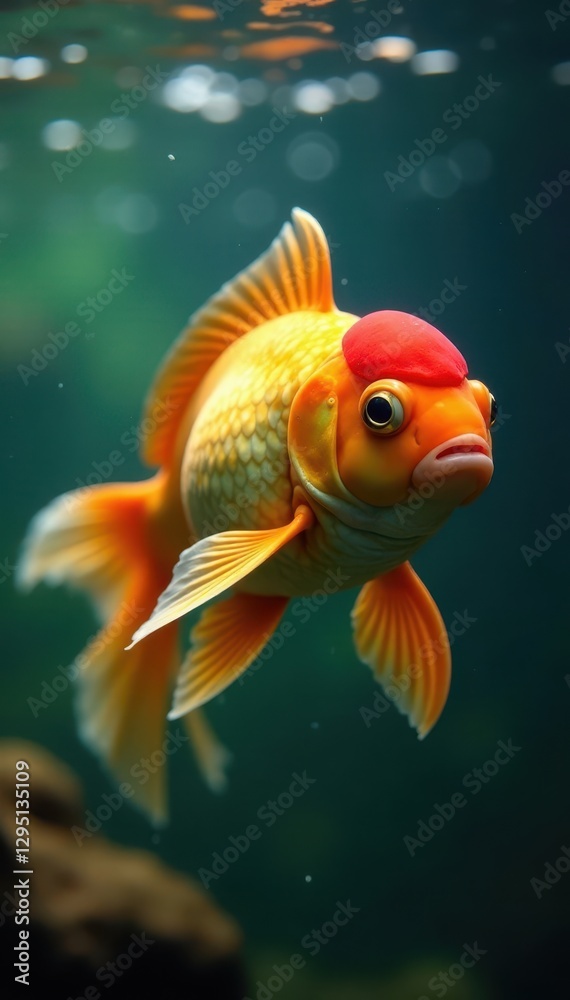 Submerged goldfish, vibrant orange, approaching , vibrant, underwater, approach Submerged goldfish, vibrant orange, approaching , vibrant, underwater, approach