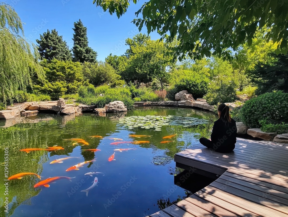 A serene pond scene featuring a person sitting peacefully by the water, surrounded by lush greenery and colorful koi fish swimming below. A serene pond scene featuring a person sitting peacefully by the water, surrounded by lush greenery and colorful koi fish swimming below.