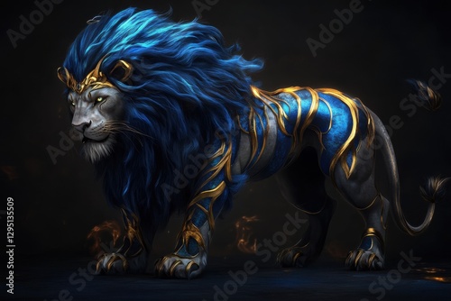 Majestic Blue Lion in Golden Armor: A Digital Masterpiece photo